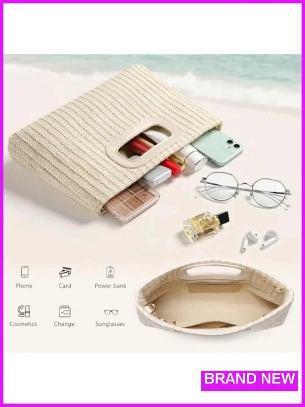 Faux Straw Woven Clutch Purse with Detachable Chain Strap for Beach Wedding